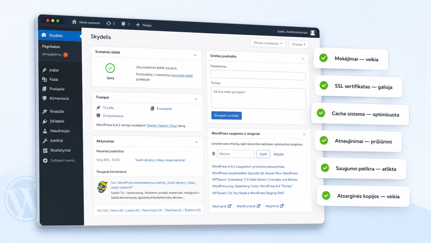 WordPress administravimo skydelis su svetainės būklės patikra