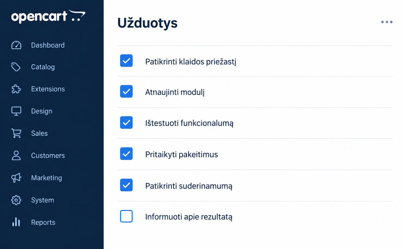OpenCart priežiūros užduočių iliustracija: klaidų diagnostika, atnaujinimai, testavimas ir rezultatų perdavimas.