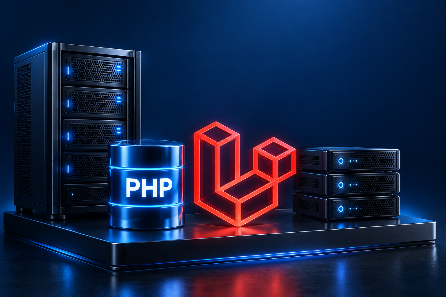 Mėlynai apšviestas serveris, PHP duomenų bazė ir raudonas Laravel simbolis ant technologinės platformos