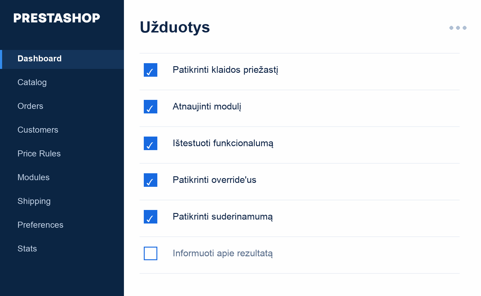 PrestaShop priežiūros užduočių iliustracija: klaidų diagnostika, atnaujinimai, testavimas ir rezultatų perdavimas.