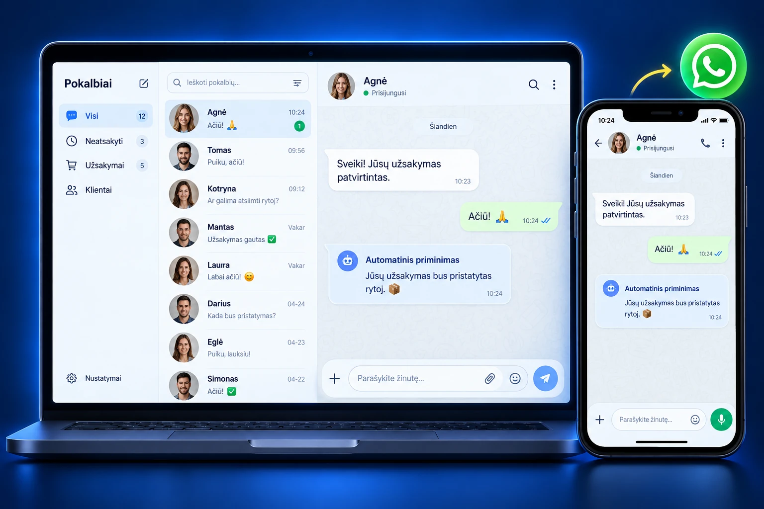 WhatsApp automatizacijos pavyzdys: verslo pokalbių dėžutė kompiuteryje ir automatinės žinutės telefone