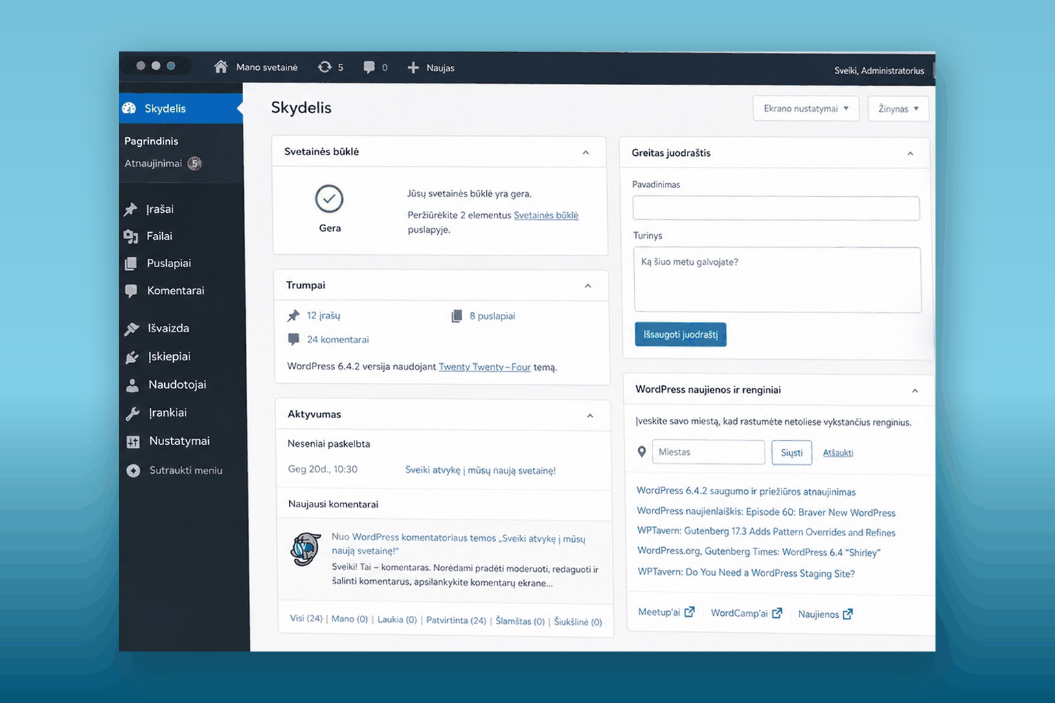 WordPress administravimo skydelio vaizdas