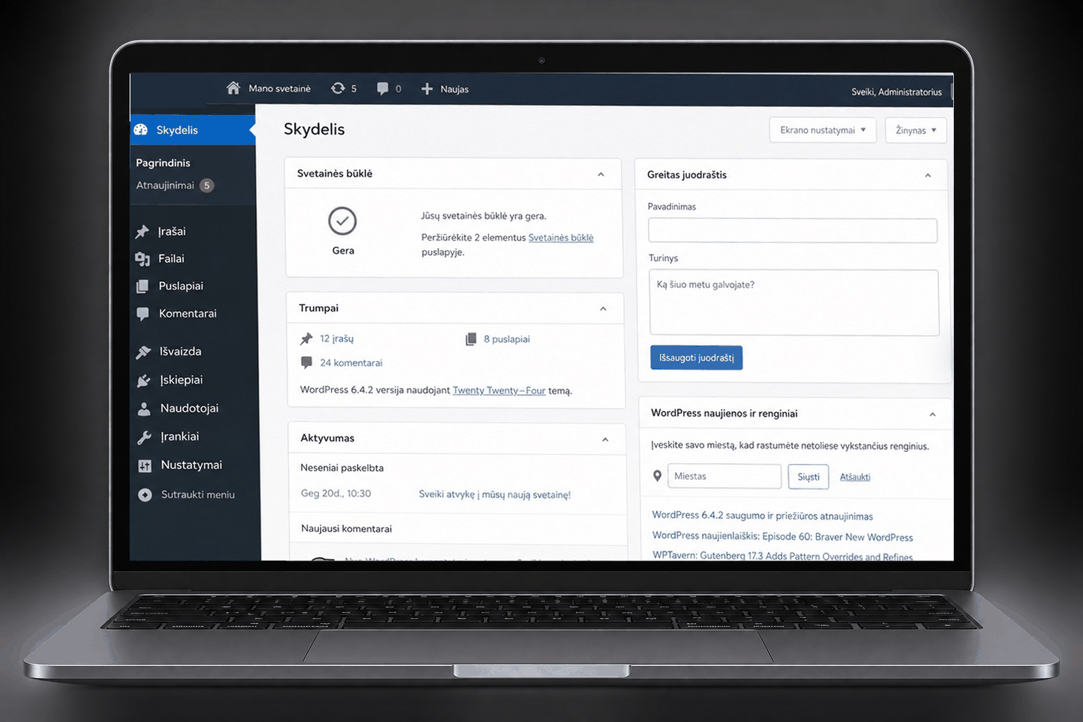 WordPress valdymo skydelis nešiojamajame kompiuteryje